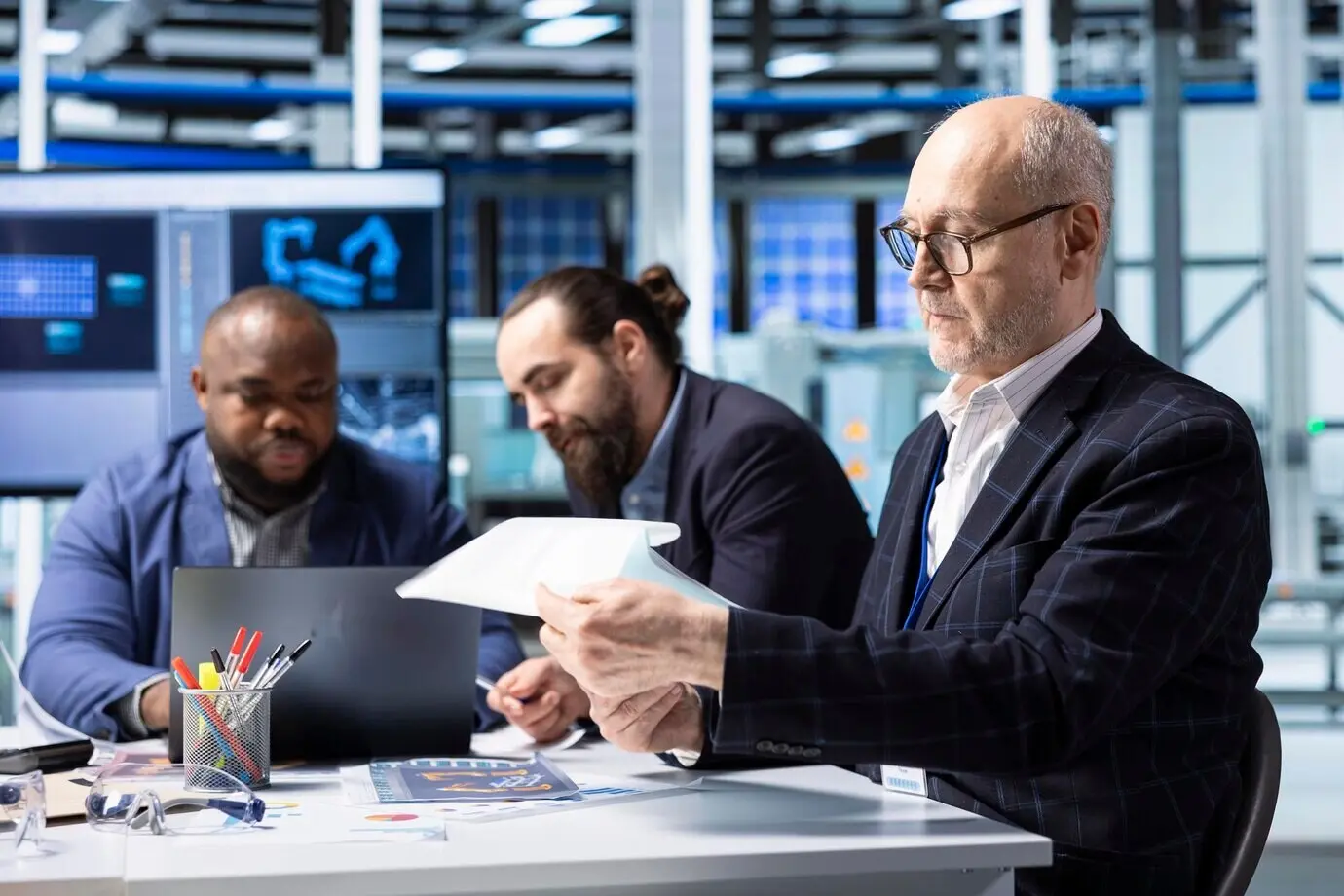 Fabrikleiter und Investoren analysieren technische Dokumente mit Produktionsdaten.